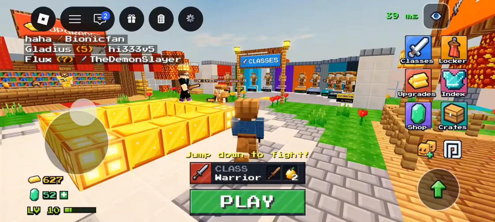 +1 Upgrade Per Kill Roblox lobby with Warrior class bar and green PLAY button