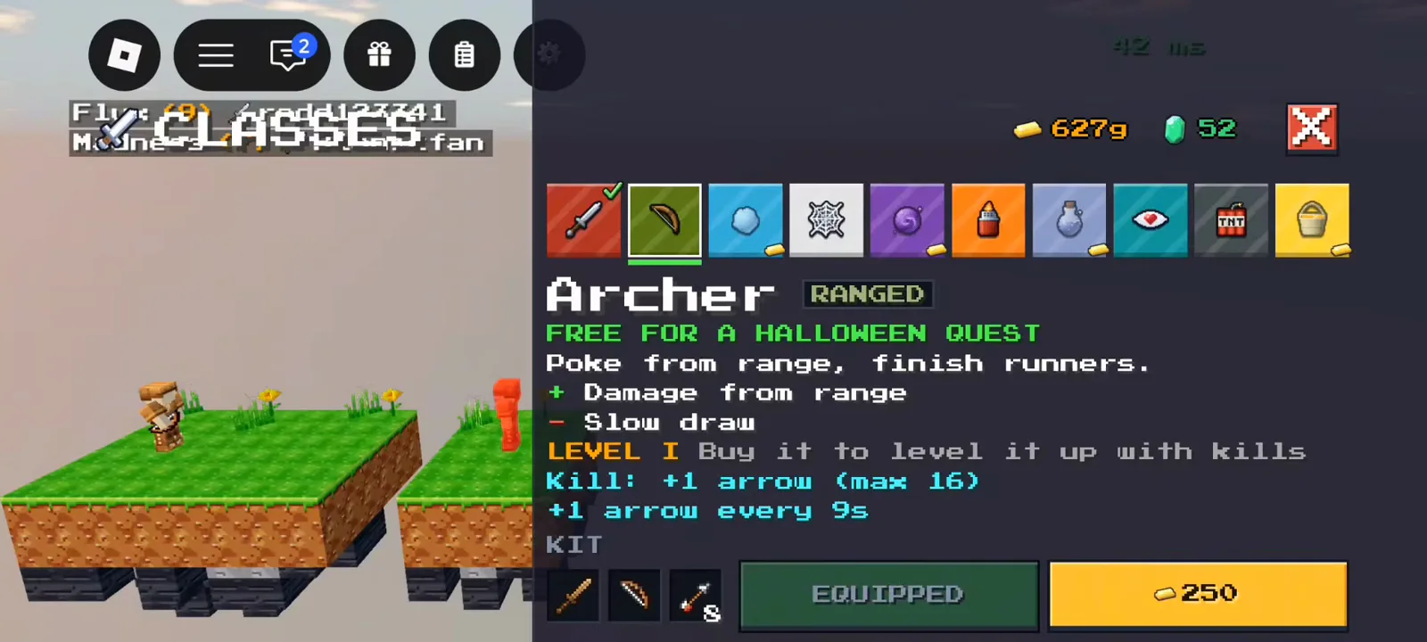 Archer RANGED class screen in +1 Upgrade Per Kill with FREE FOR A HALLOWEEN QUEST and 250g price