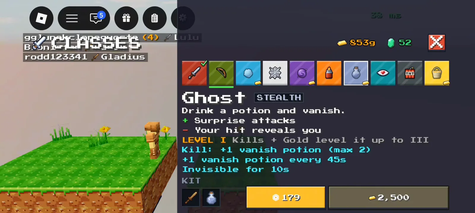 Ghost STEALTH vanish potion class panel in +1 Upgrade Per Kill Roblox showing 2500g and Emeralds pricing