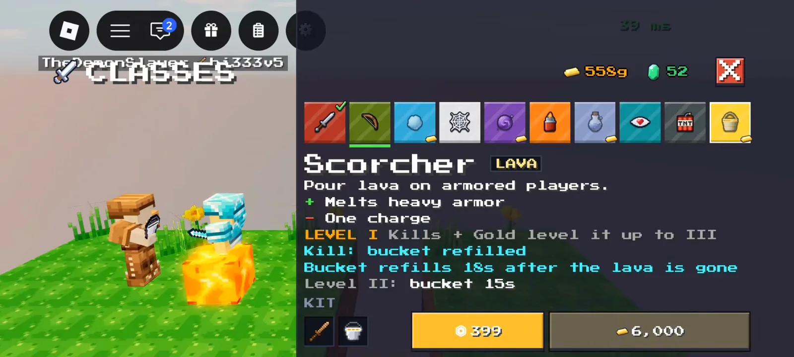 Scorcher LAVA bucket class panel in +1 Upgrade Per Kill showing 6000g Gold and Emeralds buy options