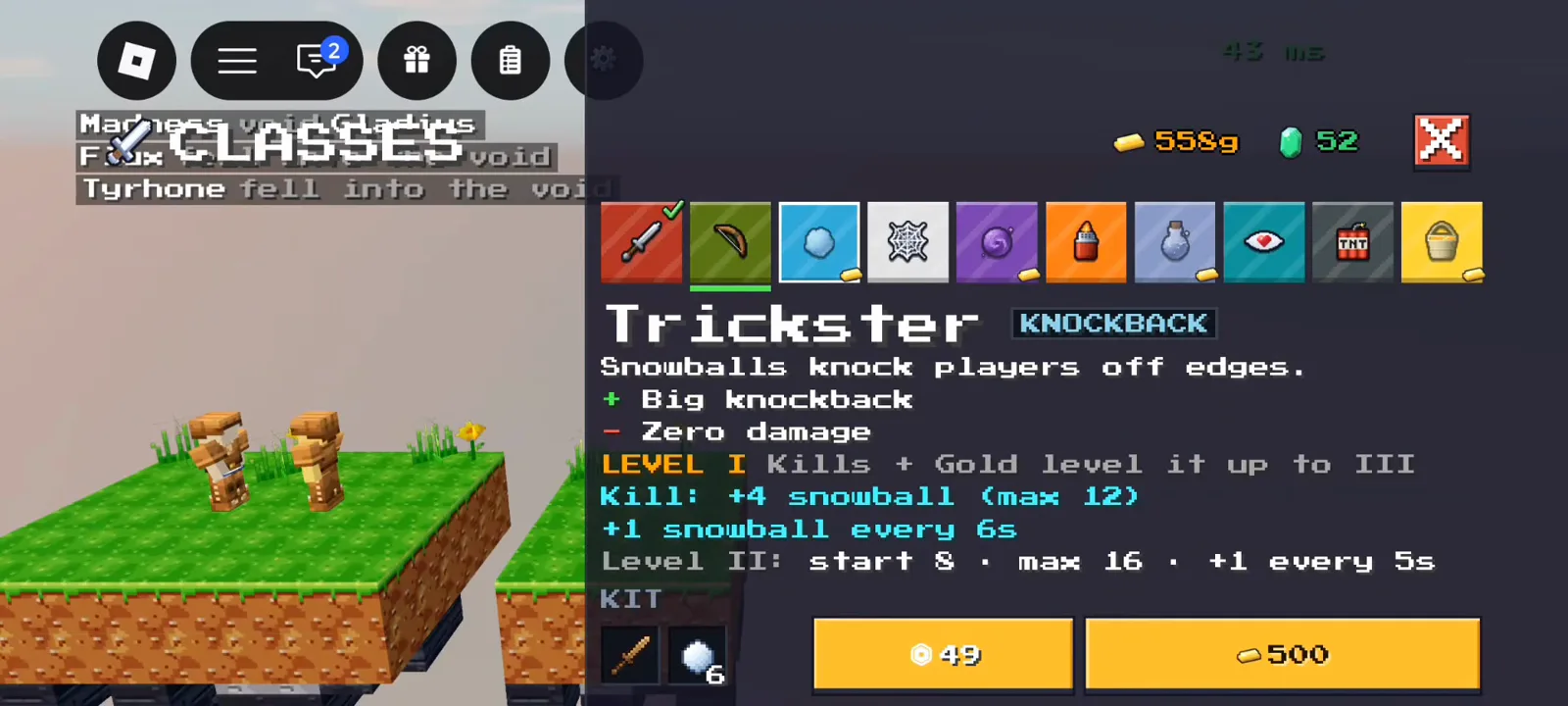 Trickster KNOCKBACK snowball class panel in +1 Upgrade Per Kill Roblox at 500g and Emeralds option