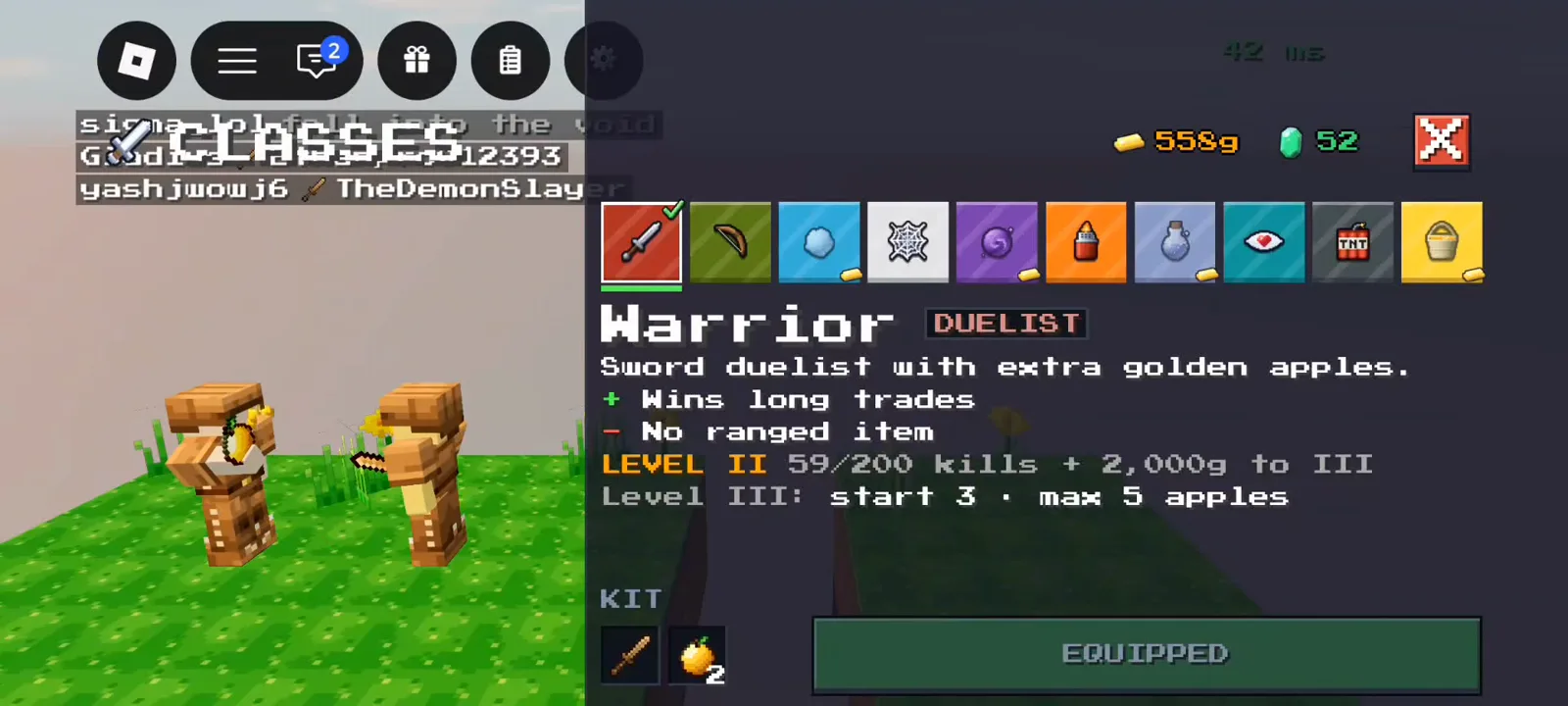 Warrior DUELIST class panel in +1 Upgrade Per Kill Roblox showing Level II progress and EQUIPPED