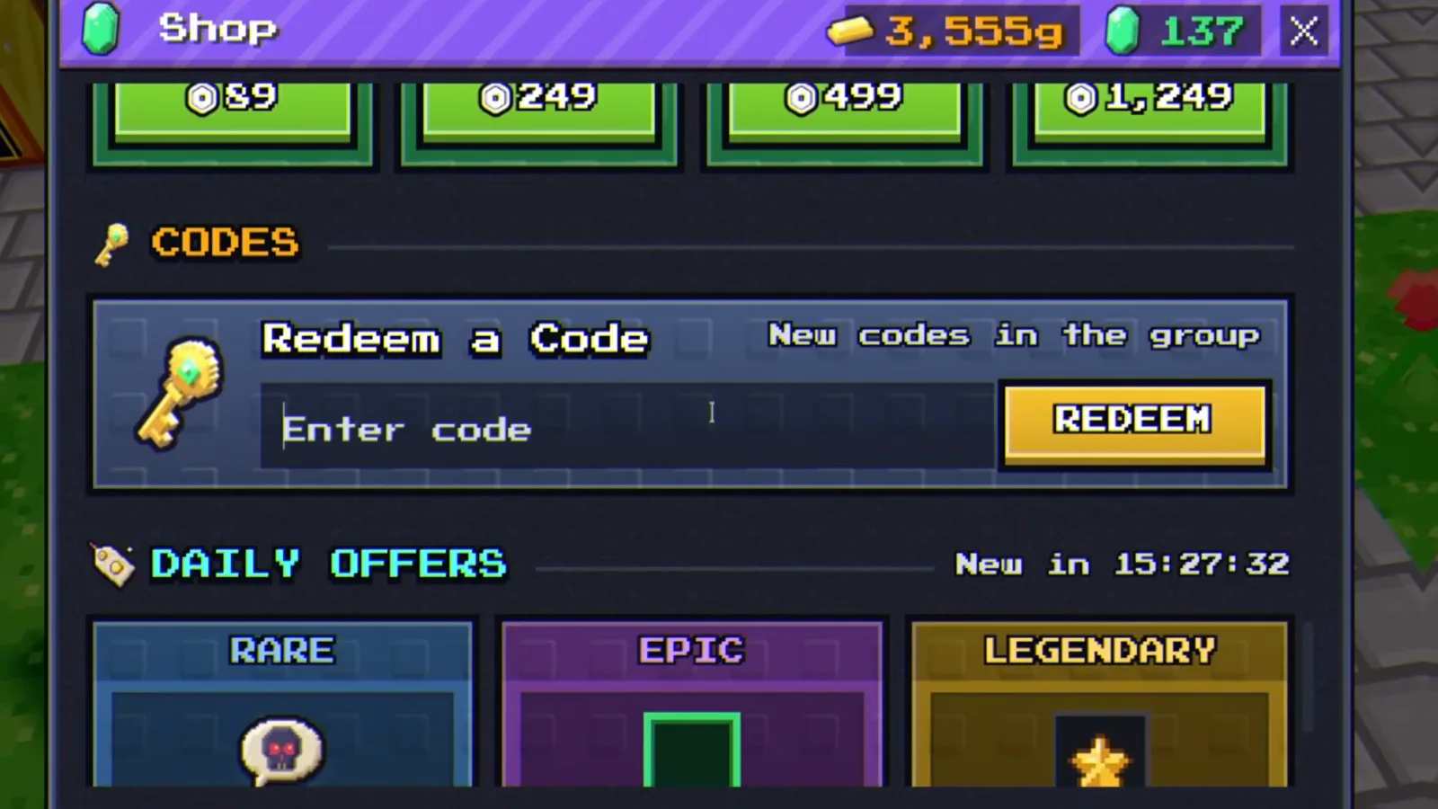 The +1 Upgrade Per Kill Shop window scrolled to CODES with an empty Enter code box and a yellow REDEEM button