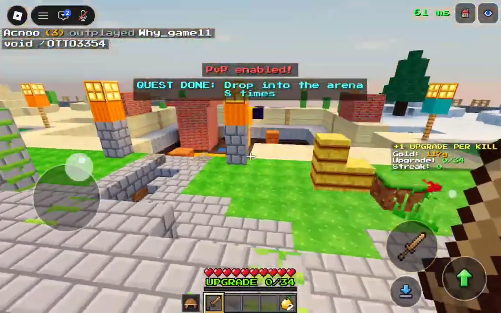 Mobile HUD with joystick and attack buttons in +1 Upgrade Per Kill Roblox