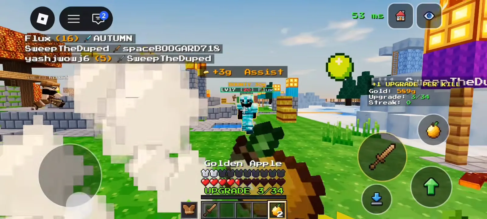 First-person golden apple with missing hearts in +1 Upgrade Per Kill PvP