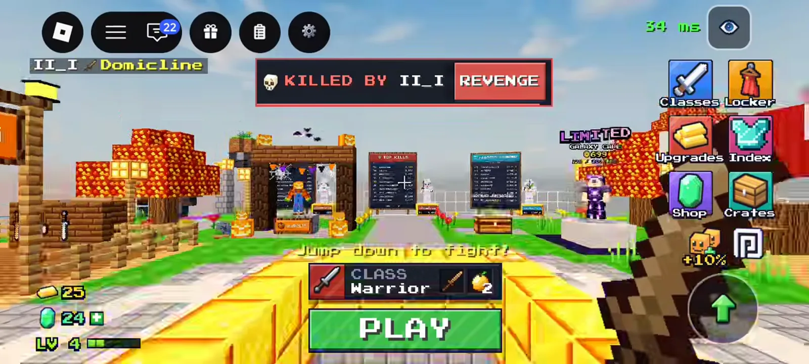 Lobby wooden leaderboard with a red TOP KILLS title behind the PLAY bar in +1 Upgrade Per Kill, second board not titled in this frame