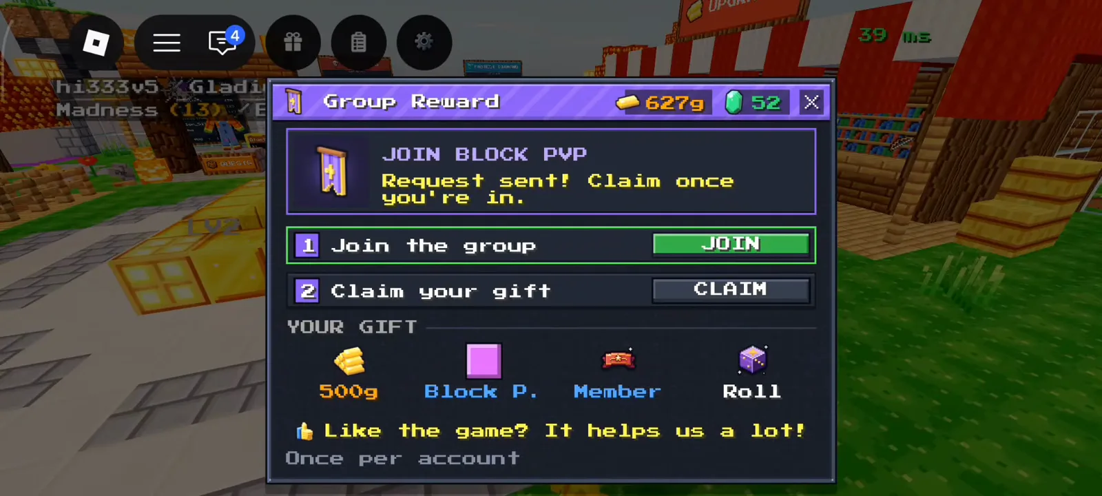 Group Reward window JOIN BLOCK PVP and 500g gift in Roblox