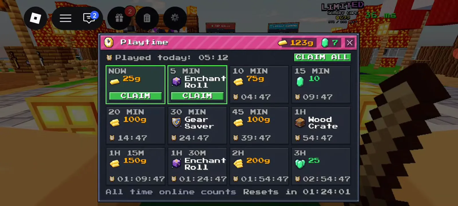 Playtime rewards panel with twelve tiers in +1 Upgrade Per Kill